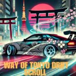 A dynamic depiction of a drift car sliding through a neon-lit Tokyo street, infused with traditional Japanese scroll elements.