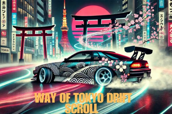 A dynamic depiction of a drift car sliding through a neon-lit Tokyo street, infused with traditional Japanese scroll elements.