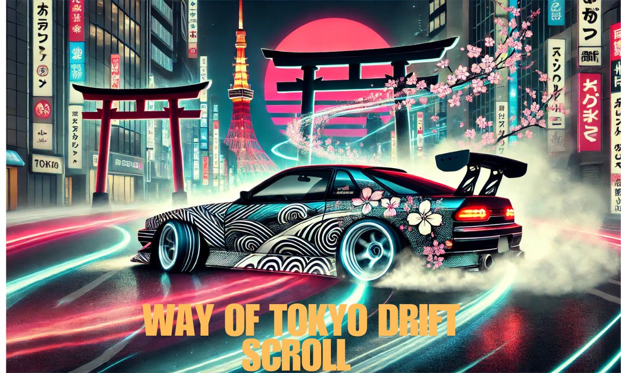 A dynamic depiction of a drift car sliding through a neon-lit Tokyo street, infused with traditional Japanese scroll elements.