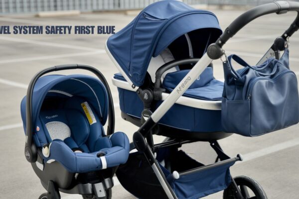 Travel System Safety First Blue stroller and car seat combo featuring safety features and sleek design