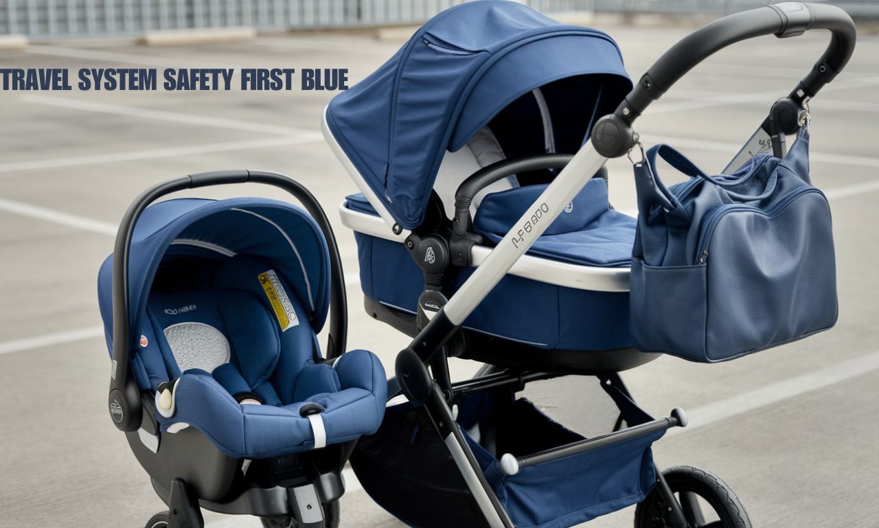 Travel System Safety First Blue stroller and car seat combo featuring safety features and sleek design