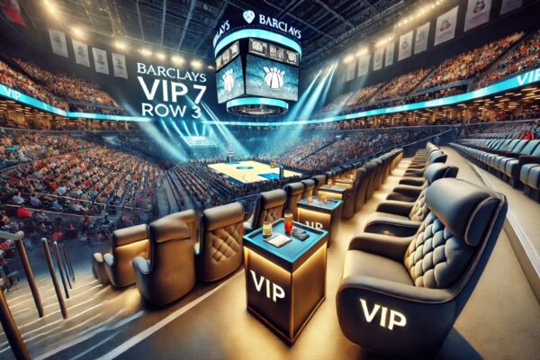 "Barclays VIP 7 Row 3 premium seating with plush chairs and an event in the background."