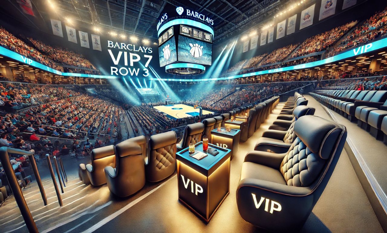 "Barclays VIP 7 Row 3 premium seating with plush chairs and an event in the background."