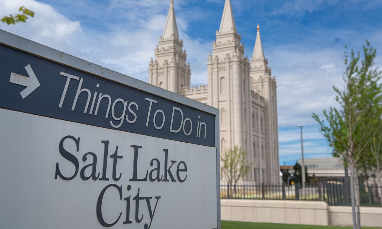 A scenic view of Salt Lake City with mountains in the background