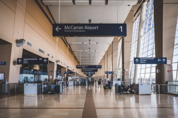 A view of Terminal 1 at McCarran Airport showing bustling travelers and vibrant signage.