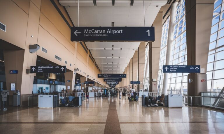 A view of Terminal 1 at McCarran Airport showing bustling travelers and vibrant signage.